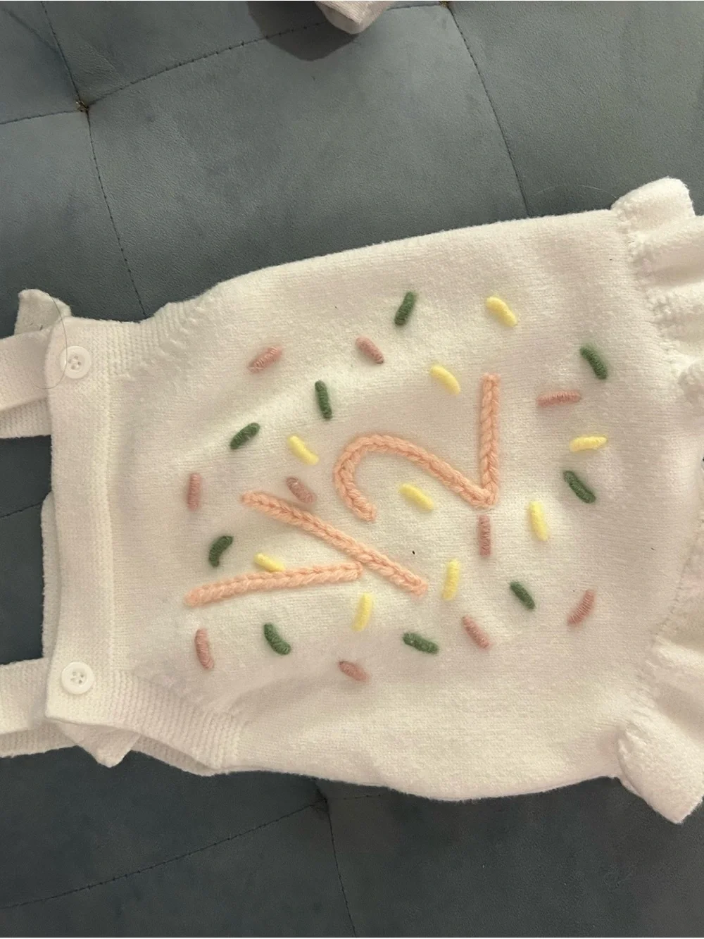 Kids White Knit Romper with Pastel Embroidery